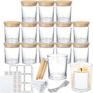 juneheart 15 pack 6 oz candle jars for making candles, empty glass candle jars with bamboo lids and 50 candle wicks kit for making candles-dishwasher safe (clear jars, 15 pack 8oz)