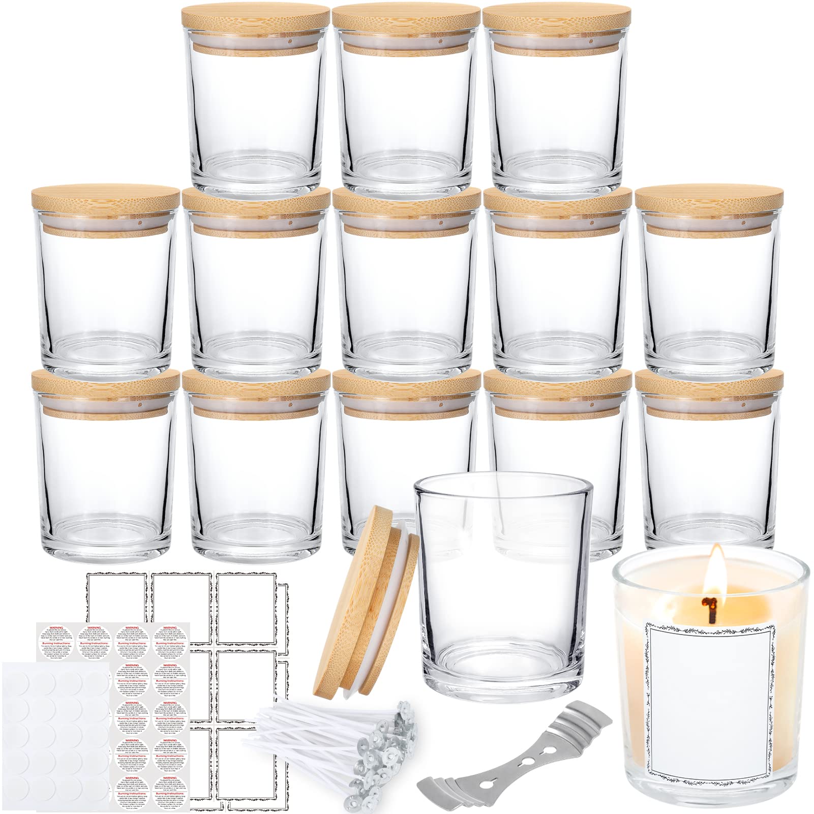 JuneHeart 15 Pack 6 OZ Candle Jars for Making Candles, Empty Glass Candle Jars with Bamboo Lids and 50 Candle Wicks Kit for Making Candles-Dishwasher Safe (Clear Jars, 15 Pack 8OZ)