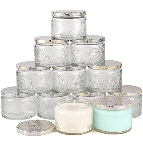 Art Secret 4oz Embossed Glass Candle Container with Tin Lid and Labels (Pack of 12, Clear)