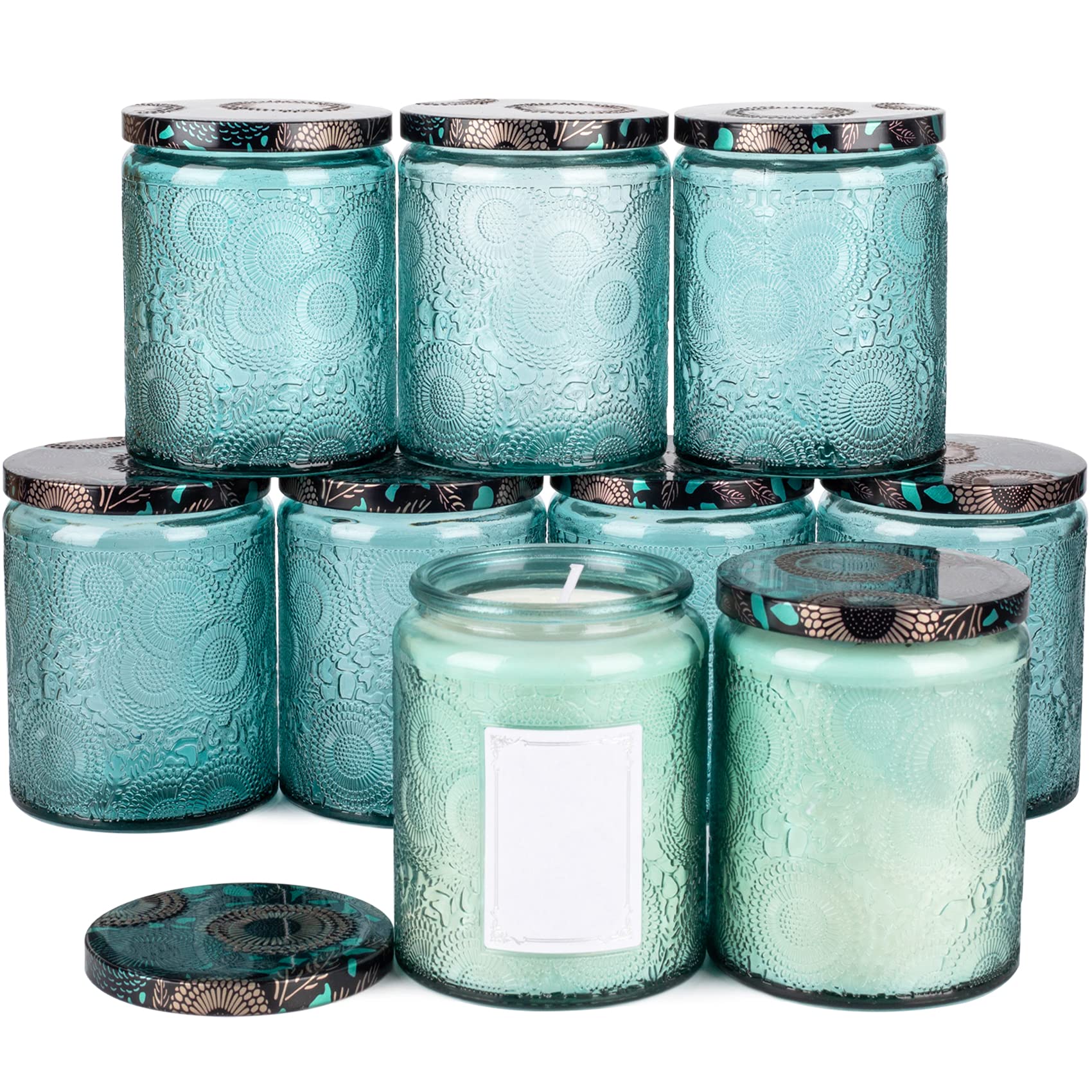 8oz Embossed Glass Candle Container with Tin Lid and Labels (Blue)