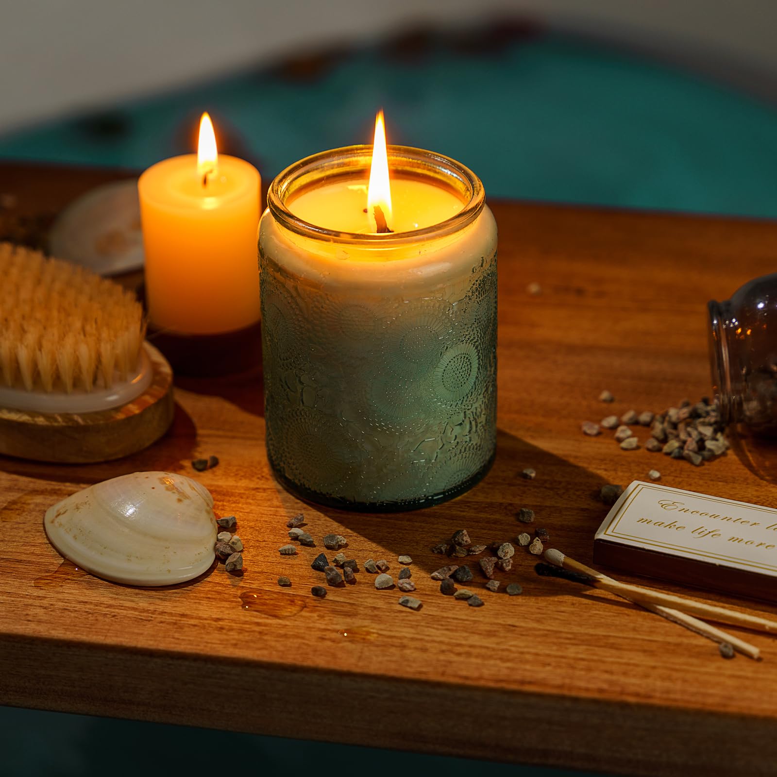 8oz Embossed Glass Candle Container with Tin Lid and Labels (Blue)