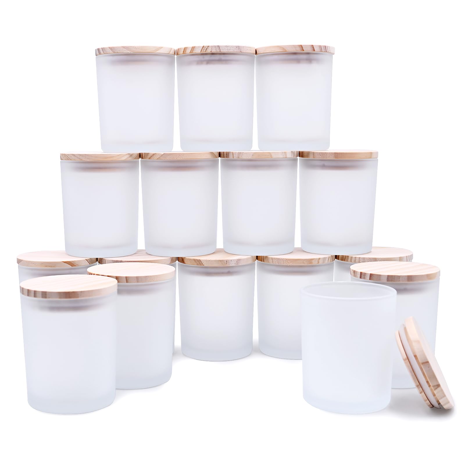 SHOWIN Thick Candle Jars for Making Candles 16 Pcs, 7 OZ Empty Jars with Wood Lids for Candle Making, Sample Container - Dishwasher Safe, Frosted White