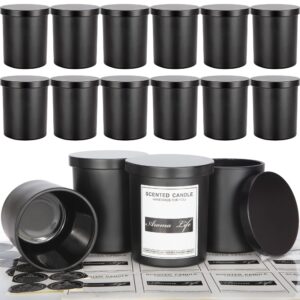 creahaus 10oz, 16 pack thick candle jars with metal lids for making candles, bulk matte black empty glass candle containers & sticky labels, warming labels kit, heat resistant candle vessels