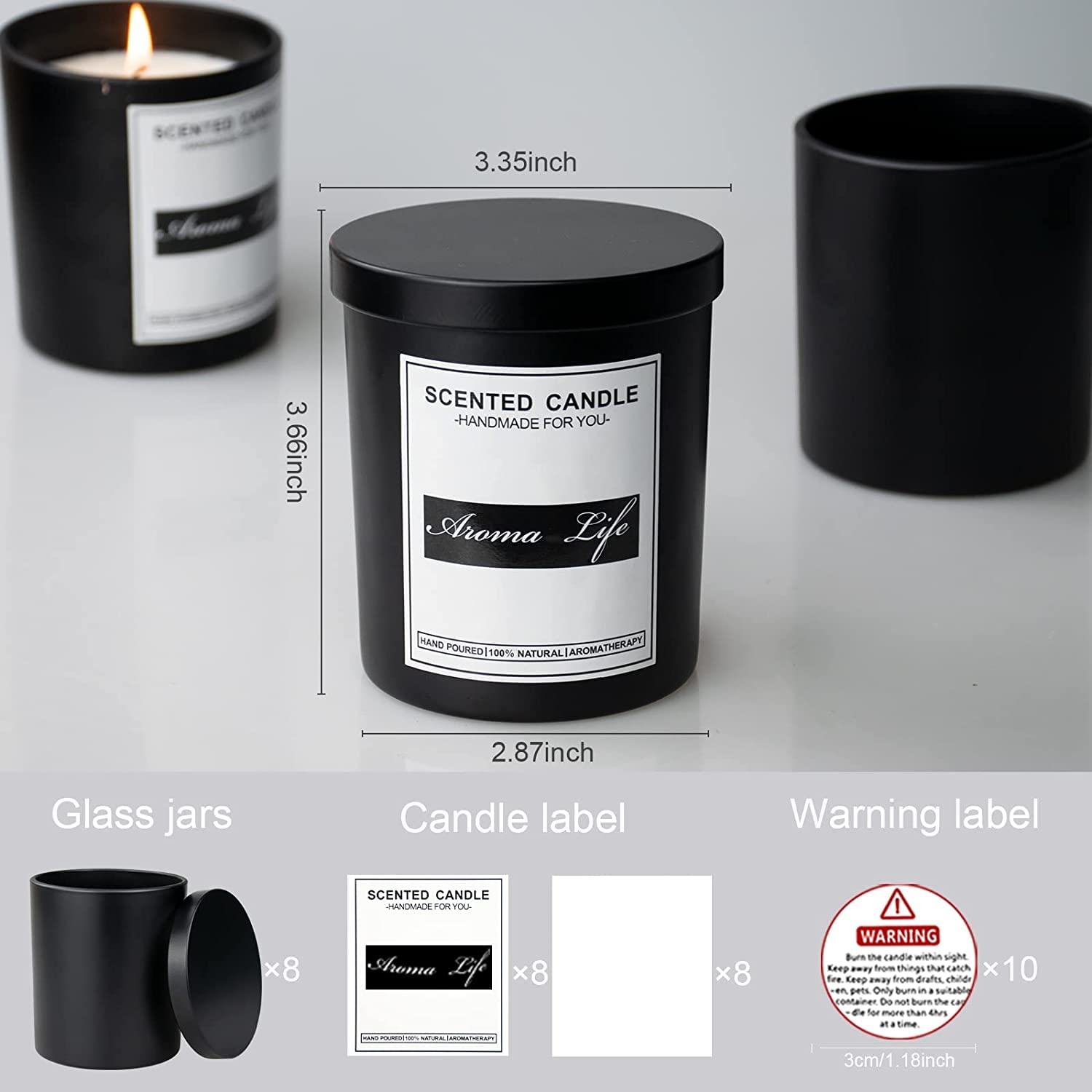 Creahaus 10oz, 16 Pack Thick Candle Jars with Metal Lids for Making Candles, Bulk Matte Black Empty Glass Candle Containers & Sticky Labels, Warming Labels Kit, Heat Resistant Candle Vessels