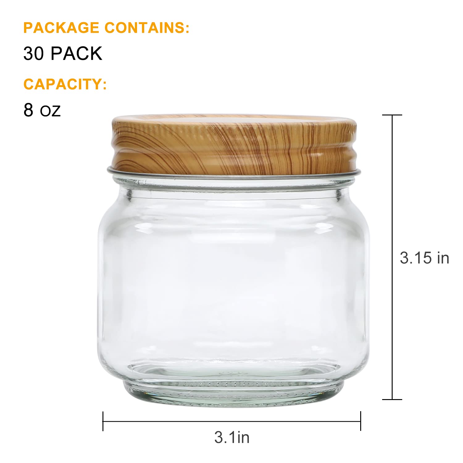 Accguan Mason Jars, glass jar 8OZ With Regular Lids(Wood Grain Iron Lid), Ideal for Jam, Honey, Wedding Favors, Shower Favors, 30 PACK