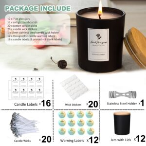 AMOTIE 12 Packs 7oz Candle Jars for Making Candles, Thick Glass Candle Jars with Bamboo Lid, Candle Making Kits Empty Candle Jars Bulk Candle Vessels Candle Labels Candle Tin - Crafting Supplies.…