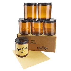 QMET 8 OZ Empty Candle Jars,6 Pack Glass Jars with Metal Lids and Kraft Labels Perfect for Candle Jars for Making Candles (Amber)