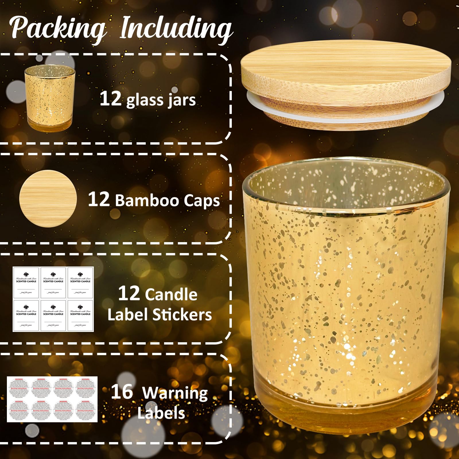 SUPMIND 12 Pack Glass Candle Jars-10oz Golden Empty Candle Jars with Bamboo Lids, Bulk Candle Jars for Gold Wedding Centerpieces for Table Decorations, Gold Party Bridal Shower Decorations