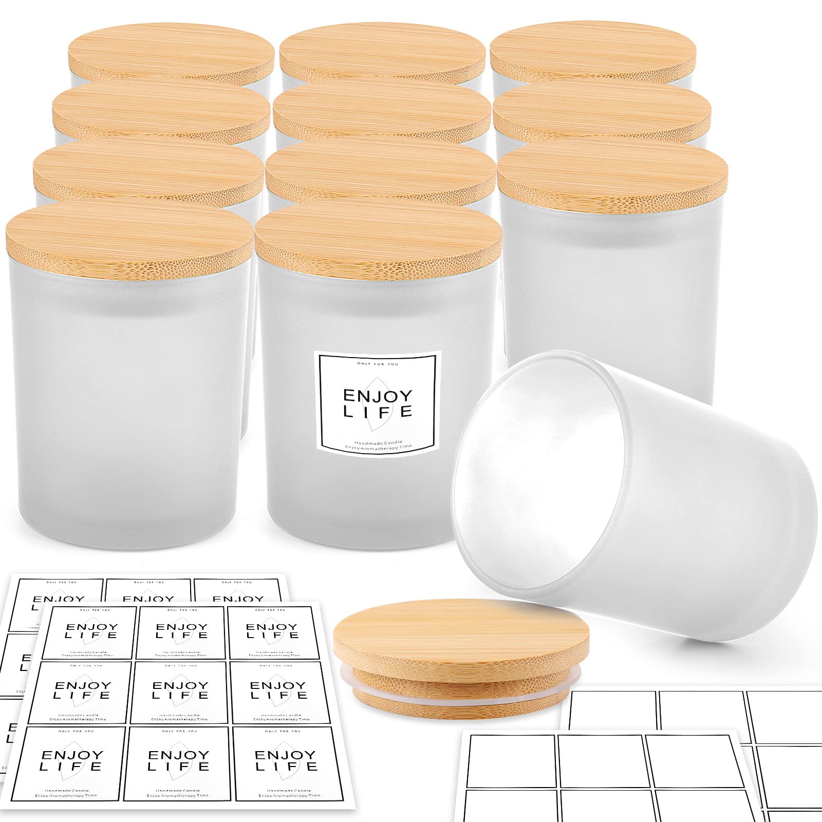 GOTIDEAL 12 Pack 6 OZ Frosted White Candle Jars with Bamboo Lids for Making Candles Supplies, Bulk Empty Candle Containers Tins Small Glass Jars for Candle Soy Wax