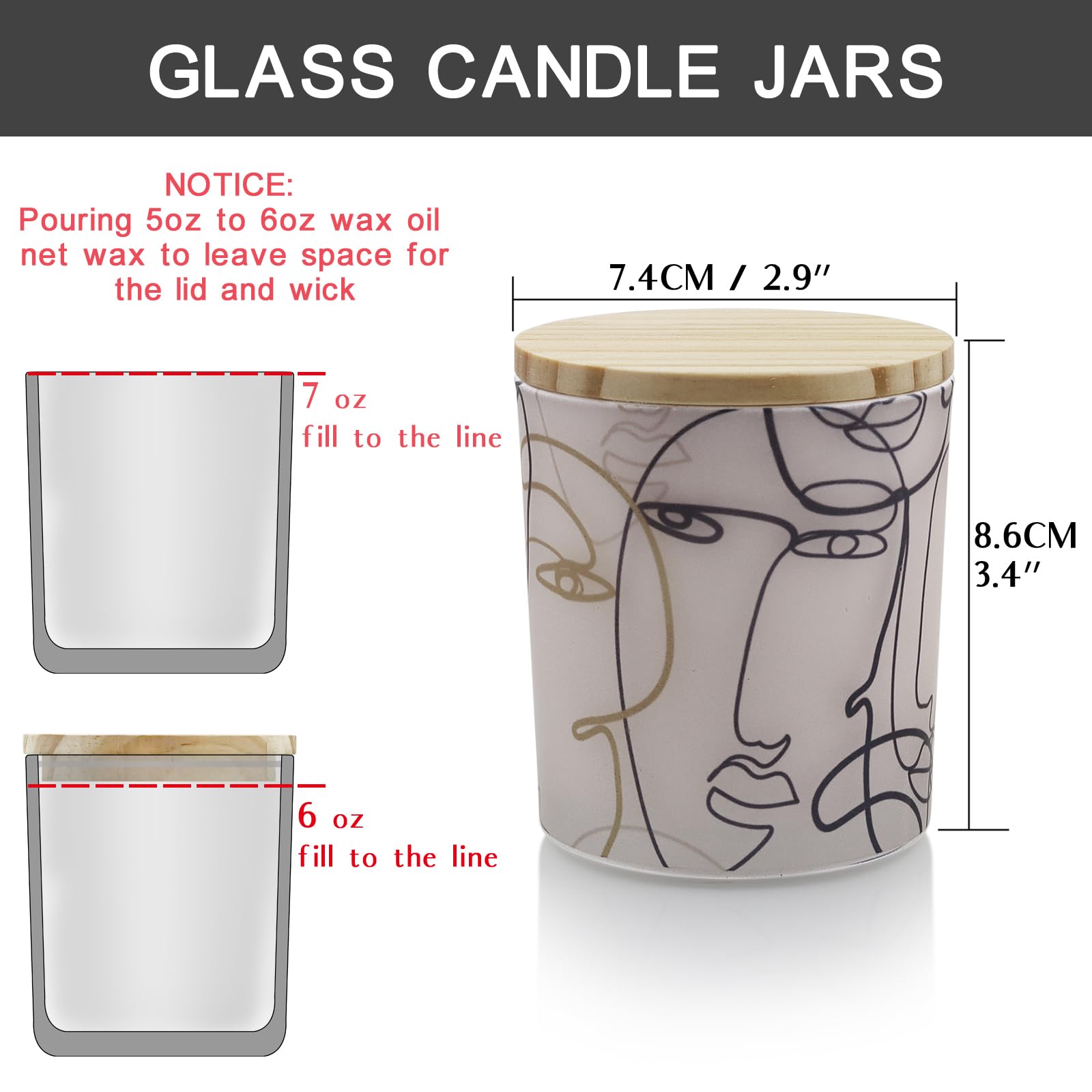 SHMILMH Frosted Glass Candle Jars for Making Candles with Wooden Lids, Thick Empty Candle Jars with Colored Abstract Human Faces in Bulk 6PCS 7OZ