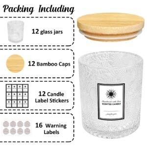 SUPMIND 8oz Embossed Candle Jars for Making Candles, 12 Pack Luxury Clear Candle Jars Bulk Empty Glass Candle Containers with Bamboo Lids, Stickers Labels - Dishwasher Safe