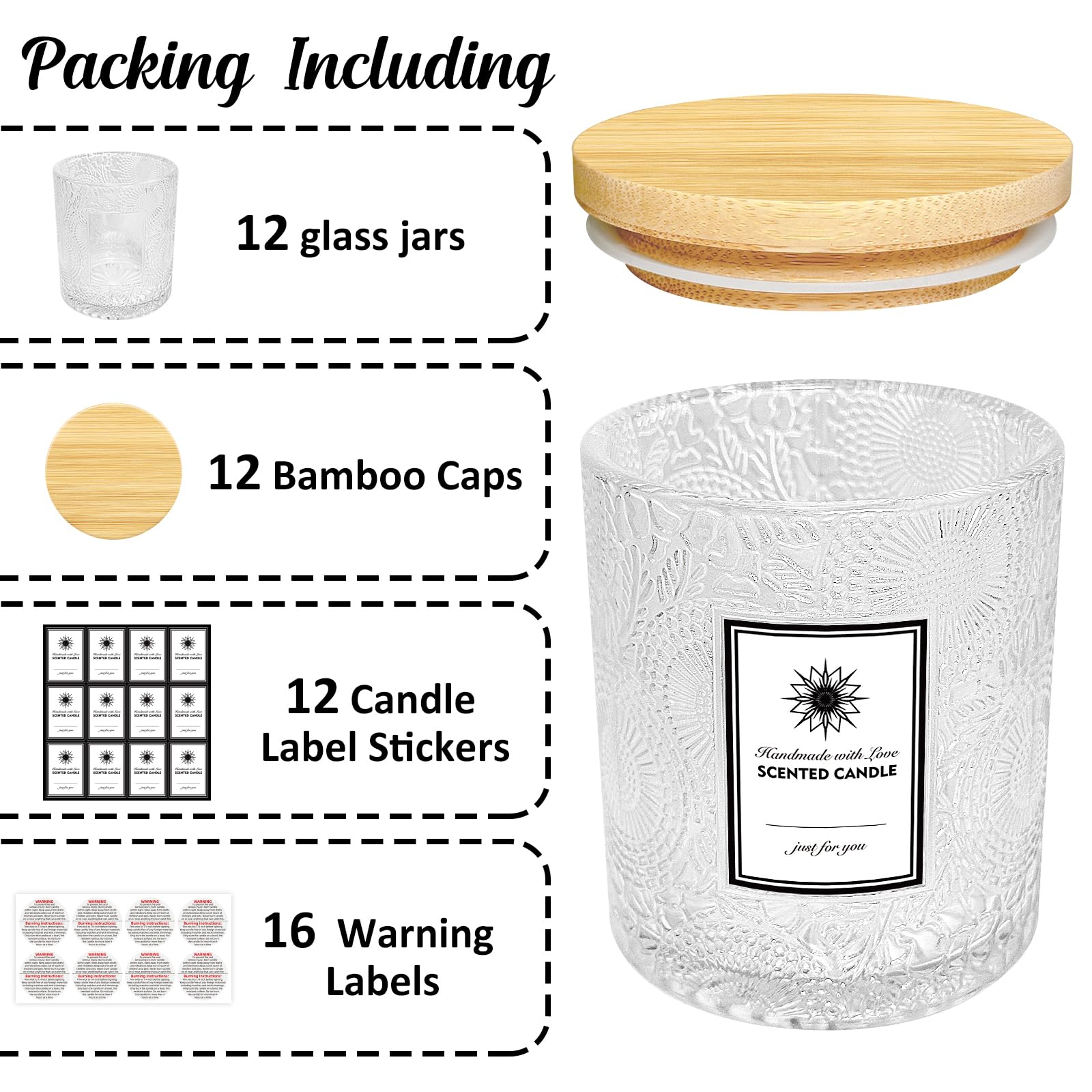 SUPMIND 8oz Embossed Candle Jars for Making Candles, 12 Pack Luxury Clear Candle Jars Bulk Empty Glass Candle Containers with Bamboo Lids, Stickers Labels - Dishwasher Safe