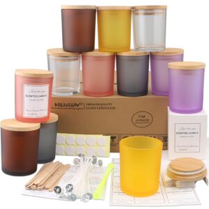 MILIVIXAY 12 Pack 7 OZ Multicolored Glass Candle Jars with Lids and Candle Making Kits - Bulk Empty Candle Jars for Making Candles