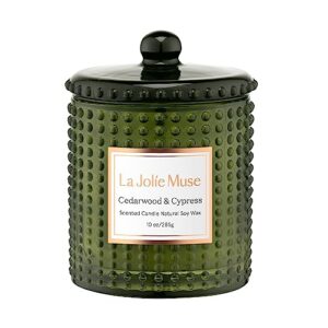 la jolie muse cypress & cedarwood scented candle - candles for home scented, green candles gift for holiday, natural soy candles, 75 hours long burning, 10 oz