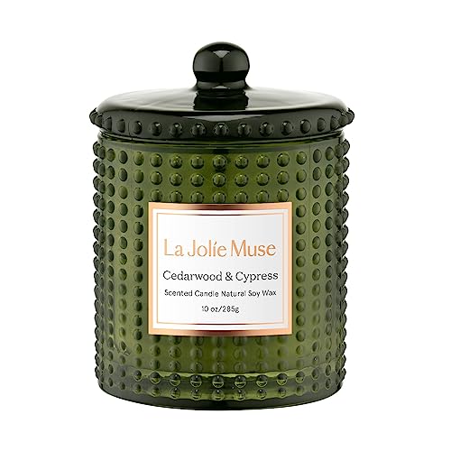 LA JOLIE MUSE Cypress & Cedarwood Scented Candle - Candles for Home Scented, Green Candles Gift for Holiday, Natural Soy Candles, 75 Hours Long Burning, 10 OZ