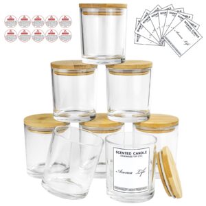 10oz, 8 pack thickened glass candle jars with bamboo lids, candle containers, candle vessels for hand candle making diy craft (clear)