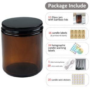 12-Pack of 8 OZ Candle Jars with Lids, Glass Candle Jars for Candle Making and Candle DIY, Empty Candle Container Tins, Food-Grade Material, Modern Design for Home Decor and Organization Decor