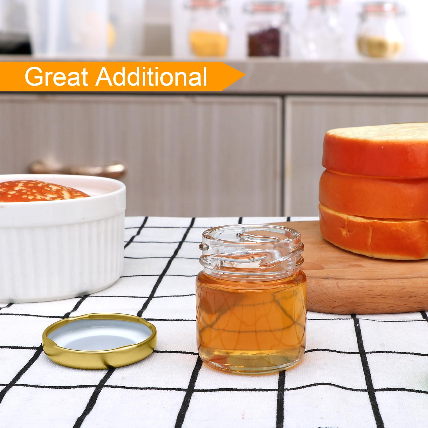 Encheng 1.5oz Mini Glass Jars Bulk Set of 70,Round Small 45ml Honey Jars with Golden Lids,Clear Mini Storage Canning Jar for Candle Making,Spice,Jelly,Jam,Wedding,Party Favor