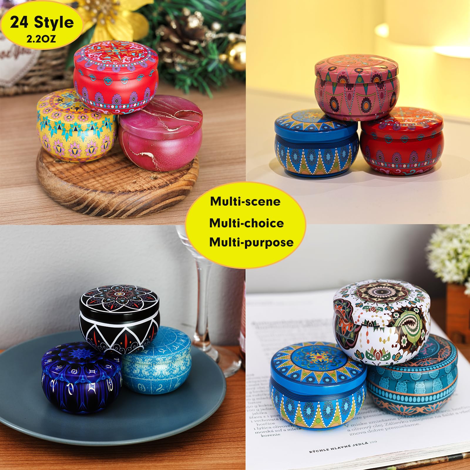 Domivirgo Candle Tins with Lid, 2.5oz 24 Designs Tinplate Cans with Wicks, Wick Holders, Wick Stickers for Candle Making, DIY Arts and Crafts, Small Item Storage