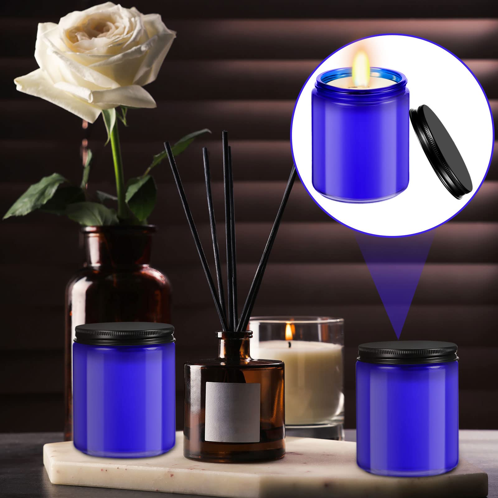 32 Pcs 8 oz Glass Jars with Black Metal Lids Round Empty Candle Making Jar Bulk Small Candle Jars Leakproof Canning Body Butter Containers for Spice Powder Liquid Food Storage (Blue)