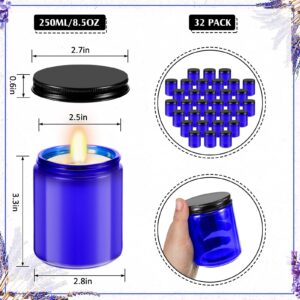 32 Pcs 8 oz Glass Jars with Black Metal Lids Round Empty Candle Making Jar Bulk Small Candle Jars Leakproof Canning Body Butter Containers for Spice Powder Liquid Food Storage (Blue)