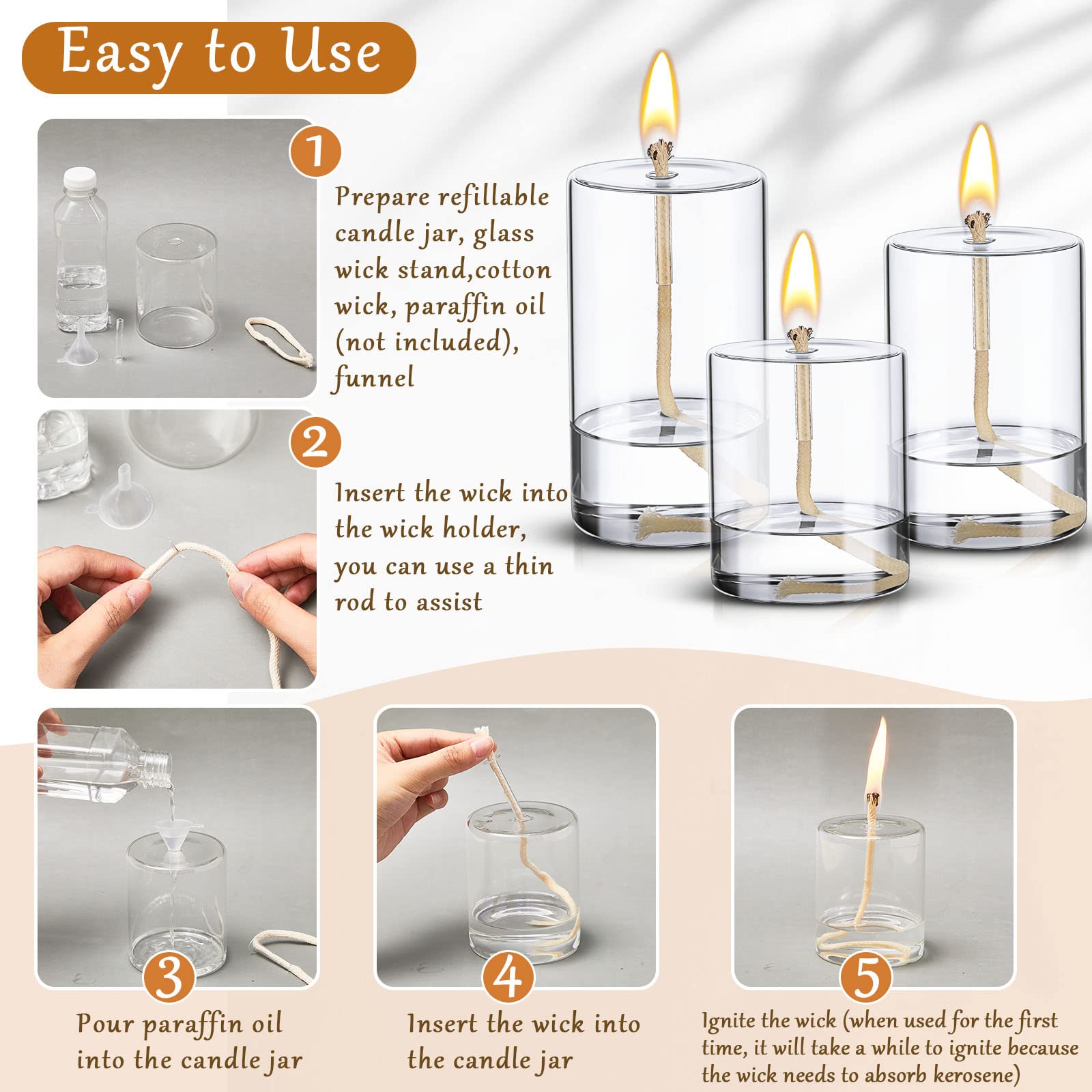 Sumind 3 Pieces Clear Empty Glass Candle Jars Refillable Oil Candle Containers Oil Candle Vessels Liquid Candleholders, 3 Sizes, Cotton Wick and Holder Included