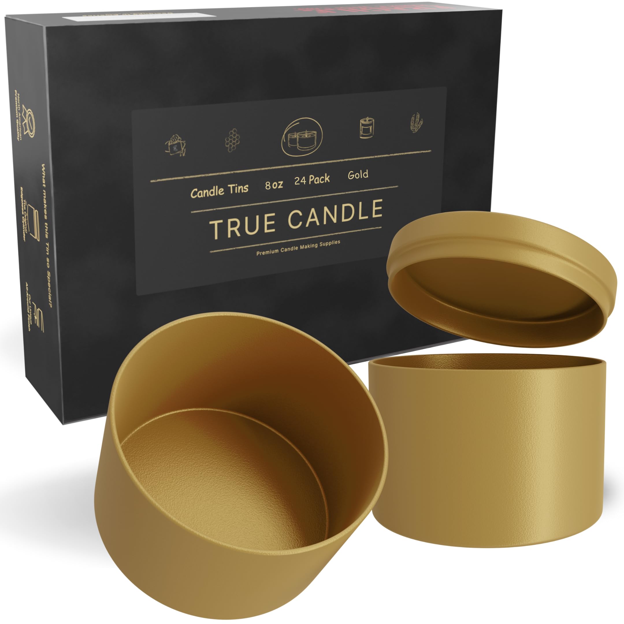 TRUE CANDLE 24x Premium Gold Candle tin 8 oz | The Original Edgeless Cylinder | Matte Finish Outside and Inside | Premium Candle containers & The Ideal Candle tins for Making Candles
