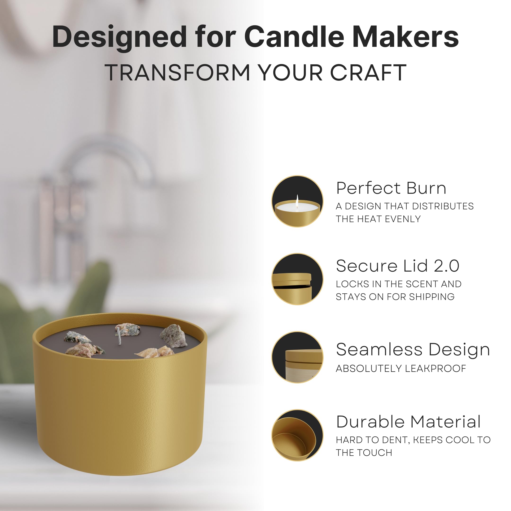 TRUE CANDLE 24x Premium Gold Candle tin 8 oz | The Original Edgeless Cylinder | Matte Finish Outside and Inside | Premium Candle containers & The Ideal Candle tins for Making Candles