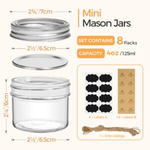 ComSaf Mini Mason Jars 4oz - 8 Pack, Regular Mouth Mason Jar with Lids and Seal Bands, Small Glass Canning Jar for Spice, Jam, Honey, Jelly, Dessert, Shower Wedding Favors, DIY Candles Decor