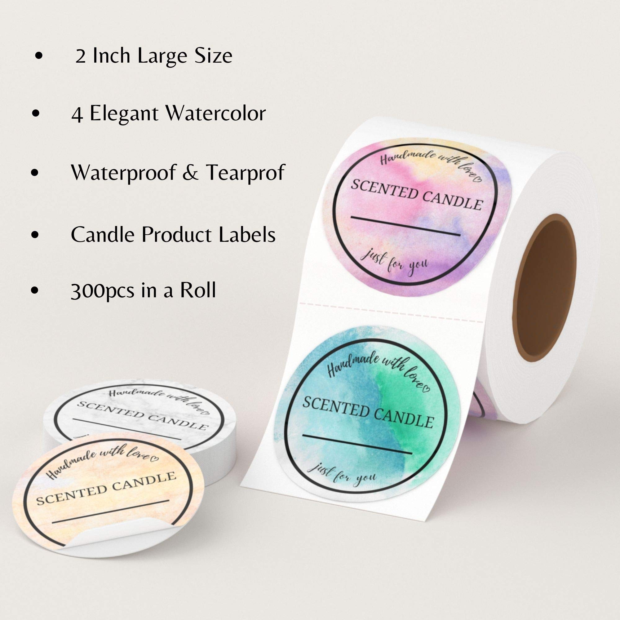 Mobiusea Creation Candle Label Roll | 2 Inch I 300pcs Waterproof Labels for Candle Making Supplies, Candle Tins, Candle Container, Candle Jars with lids, Candle Boxes Packaging