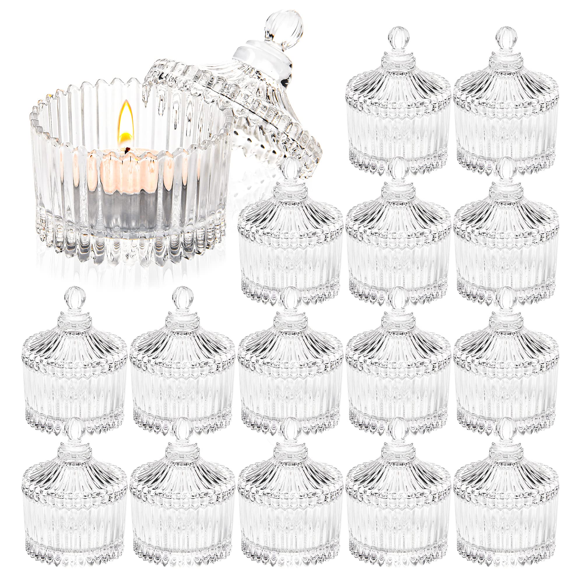 16 Piece Votive Candle Holders with Lids, Tealight Candle Holders in bulk, Glass Small Candle Holders for Table Centerpiece, Wedding, Home Decor (2.68'' x 1.65'', Clear)