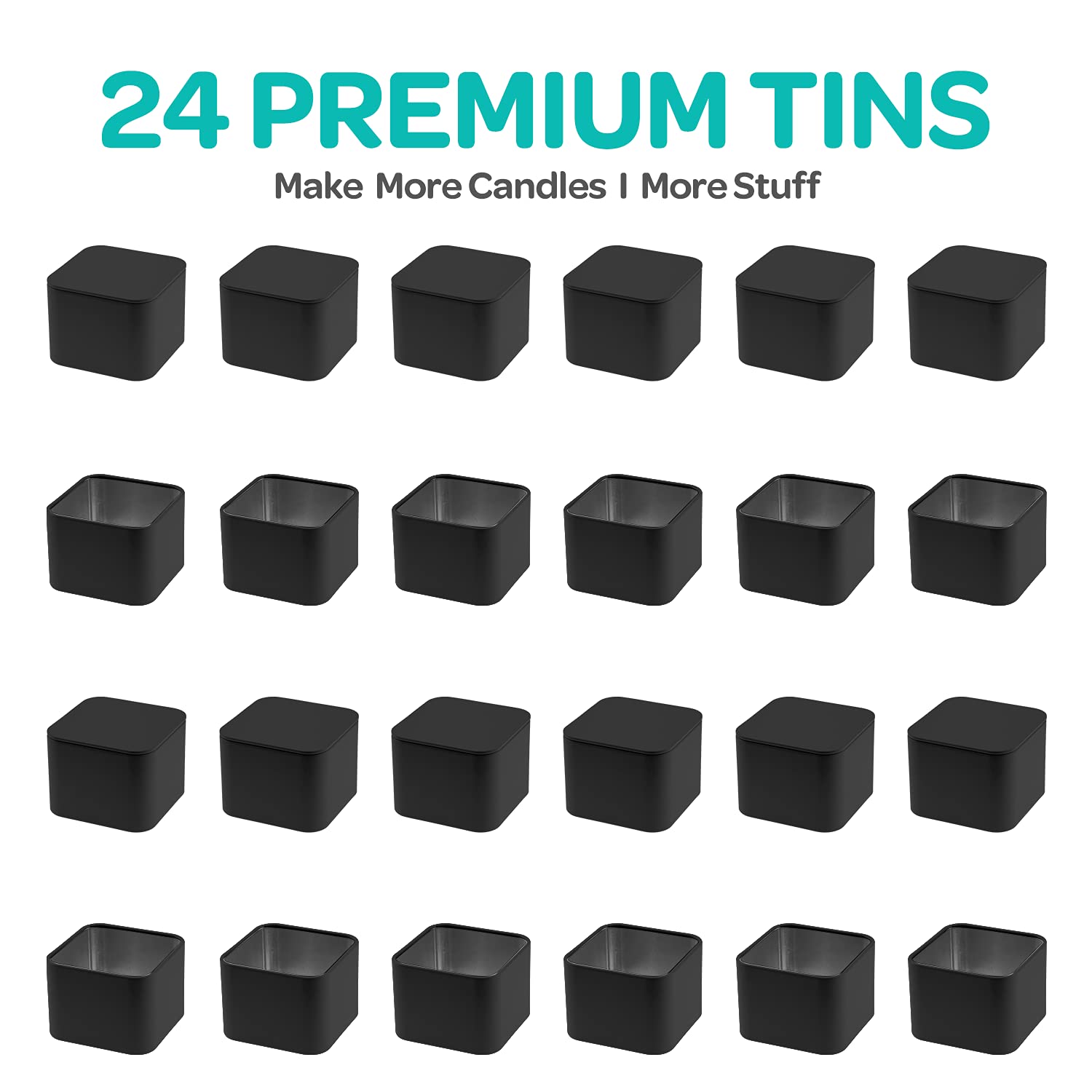 Hearts & Crafts Black Square Candle Tins 8 oz with Lids - 24-Pack of Bulk Candle Jars for Making Candles, Arts & Crafts, Storage, Gifts, and More - Empty Candle Jars with Lids