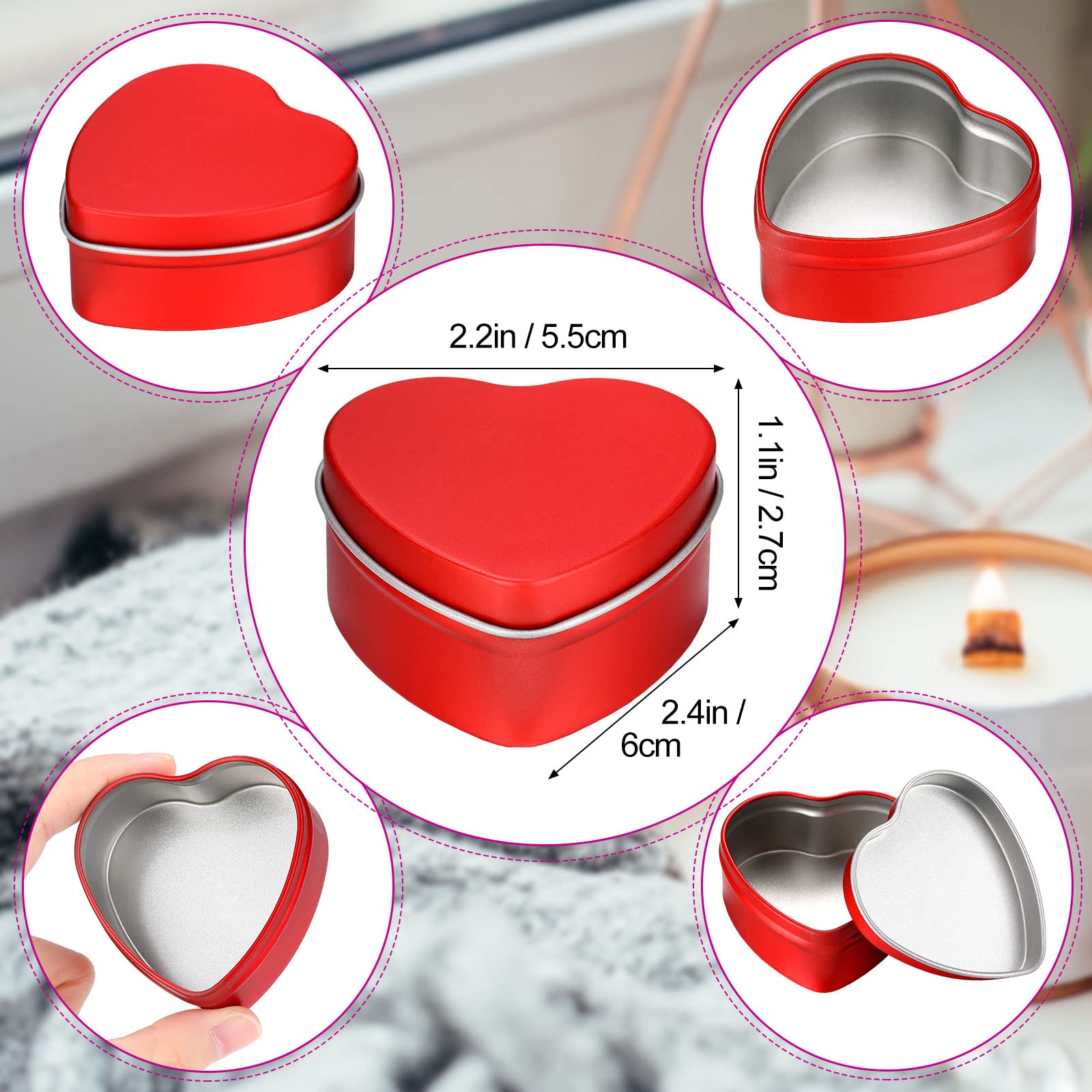 Vesici 12 Pack 2 oz Heart Shaped Metal Tins with Lids Empty Candle Jars Candle Containers Cans for Making Candles Heart Box for Mother's Day Candies Presents Gifts Home Supplies(Red)