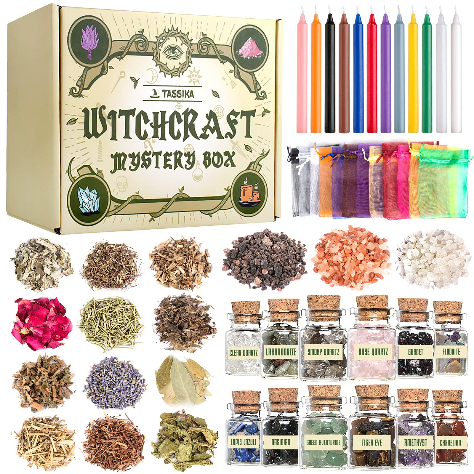 Witchcraft Starter Kit, Witchcraft Supplies for Wiccan Altar- 63 Pack of Crystals Dried Herbs, Colored Magic Candles, Charm Bags and Ritual Witches Salt for Spells, Baby Witches