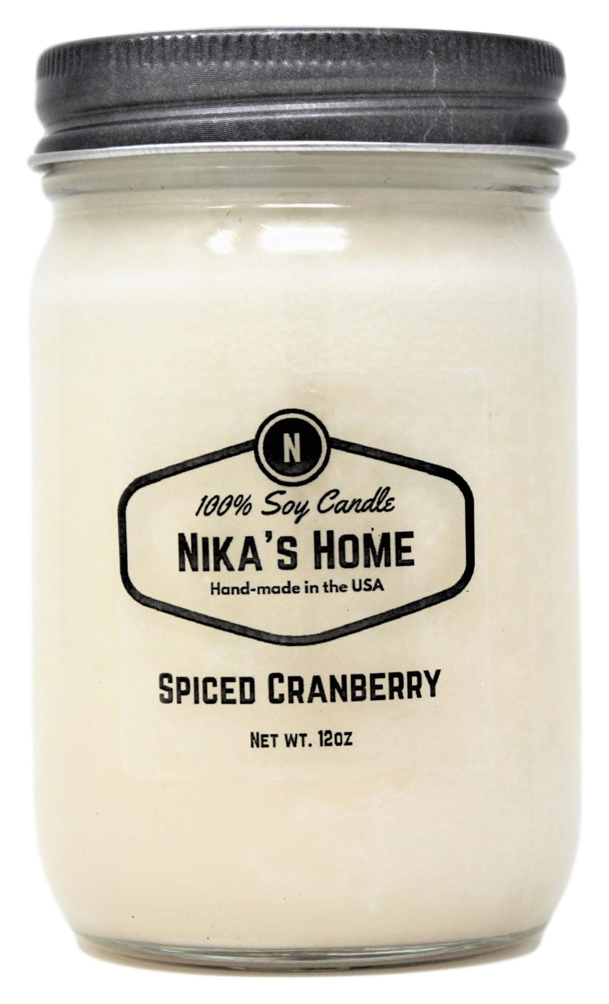 Nika's Home Spiced Cranberry Soy Candle 12oz Mason Jar Non-Toxic White Soy Candle-Hand Poured Handmade, Long Burning 50-60 Hours Highly Scented All Natural, Clean Burning Candle Gift Décor