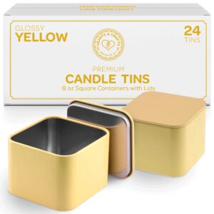 hearts & crafts yellow square candle tins 8 oz with lids - 24-pack of bulk candle jars for making candles, arts & crafts, storage, gifts, and more - empty candle jars with lids (metal)