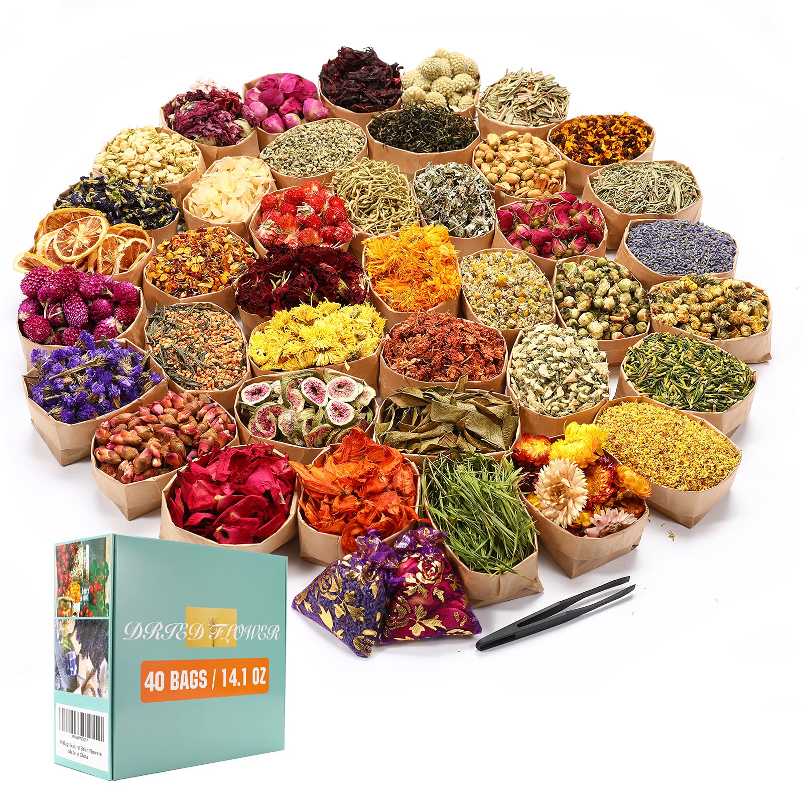 40 Bags Natural Dried Flowers Kit, Natural Dried Herbs with 2 Mesh Drawstring Bag for Soap,Candle,Resin Jewelry Making,Bath,Nail - Rose Petals,Rosebuds,Lilium,Jasmine,Don't Forget Me and More