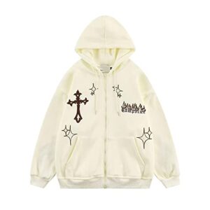 Ponitrack Aesthetic Hoodie Y2K Hoodie Gothic Hoodie Flame Cross Print Streetwear Women Oversized Hoodie Zip Up (White,M,Medium)