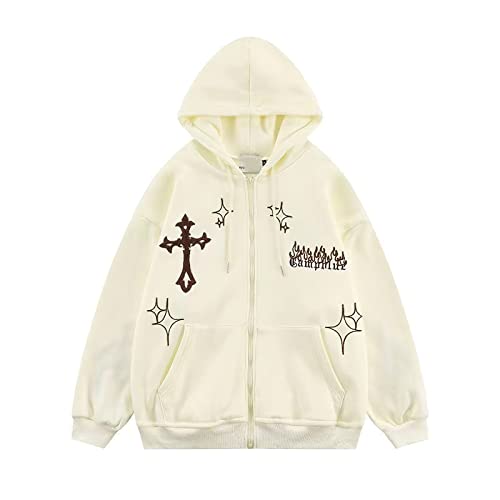 Ponitrack Aesthetic Hoodie Y2K Hoodie Gothic Hoodie Flame Cross Print Streetwear Women Oversized Hoodie Zip Up (White,M,Medium)