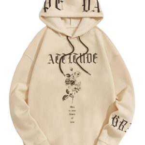 WDIRARA Men's Letter Floral Print Drawstring Long Sleeve Hoodie Casual Sweatshirt Beige S