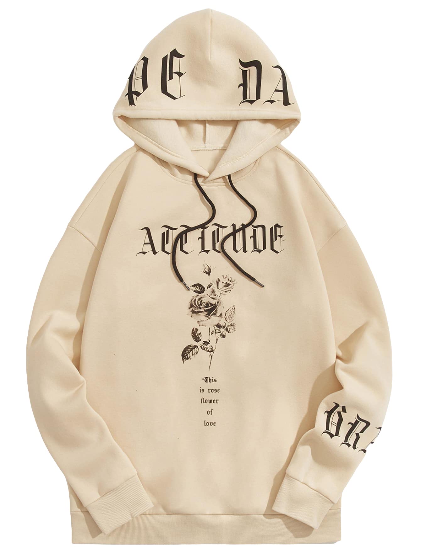 WDIRARA Men's Letter Floral Print Drawstring Long Sleeve Hoodie Casual Sweatshirt Beige S