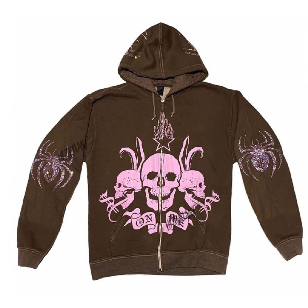 YEOU Women Rhinestone Y2K Spider Skeleton Hoodies Punk Jackets Streetwear Goth Harajuku Oversized Zip Up Hoodie Brown