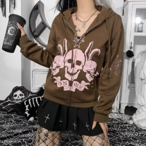 YEOU Women Rhinestone Y2K Spider Skeleton Hoodies Punk Jackets Streetwear Goth Harajuku Oversized Zip Up Hoodie Brown