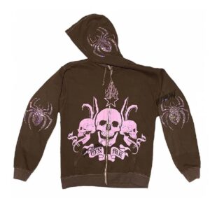 YEOU Women Rhinestone Y2K Spider Skeleton Hoodies Punk Jackets Streetwear Goth Harajuku Oversized Zip Up Hoodie Brown