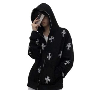 SOLILOQUY Women Hip Hop Joggers Zip Hoodie Korean Fashion Punk Sport Coat Pullover Rhinestone Gothic Long Sleeve Sweatshirt Y2K Jacket(Cross, M)