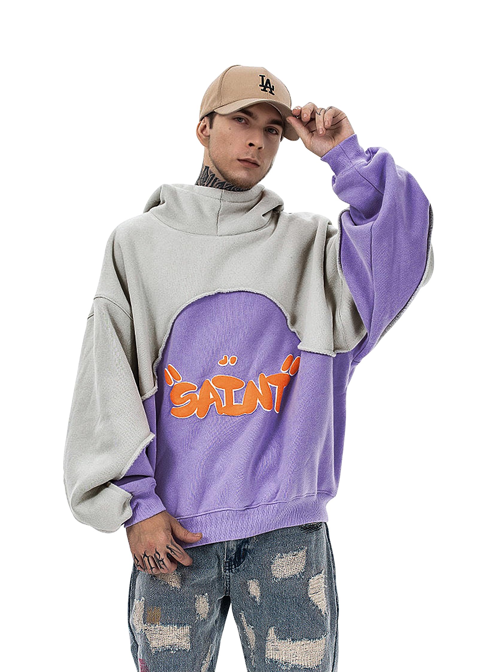 Arnodefrance Men Vintage Graphic Hoodie Purple Grey Patchwork Cotton Hoodies Pullover Sweatshirt