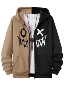 gorglitter men's color block long sleeve zip up hoodie cartoon graphic drawstring hooded sweatshirt tops black and khaki medium