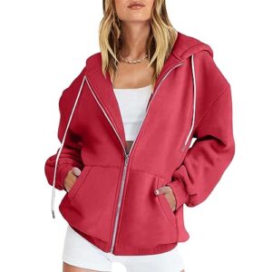 prime deals of the day today only clearance crewneck sweatshirts Womens Zip Up y2k Hoodies Fall Fashion Oversized Long Sleeve Hooded Sweatshirt Casual Lightweight Jacket With Pockets Red M