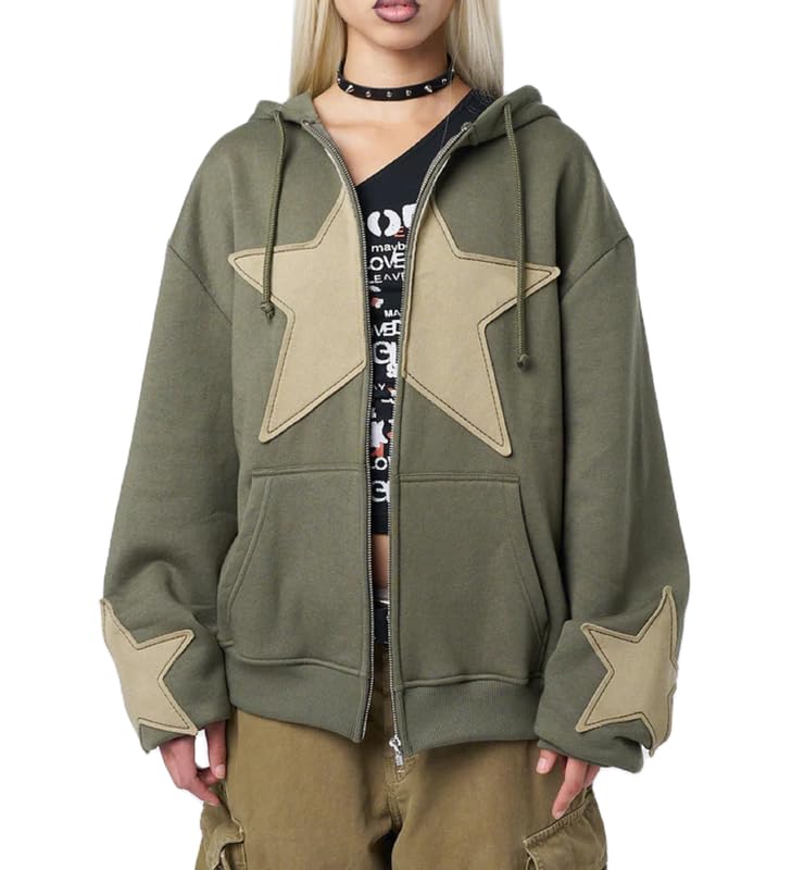 Womens Y2K Long Sleeve Hoodies Zip Up Star Graphic Track Jackets Hip Hop Harajuku Oversized Sweater Sweatshirts