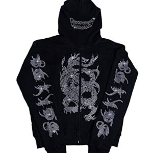 NJNJGO Womens Zip Up Skeleton Glitter Gothic Y2K Jacket, Rhinestone Punk Dark E-Girl Hooded Sweatshirt